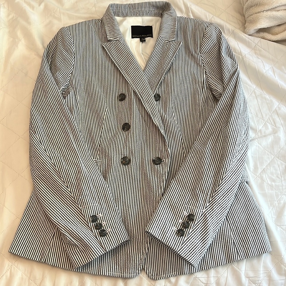 Banana Republic Striped Blazer 12 Seersucker Lined Double Breasted Jacket